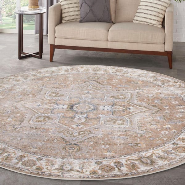 Beige 5 ft. x 5 ft. Distressed Traditional Round Astra Machine Washable Area Rug