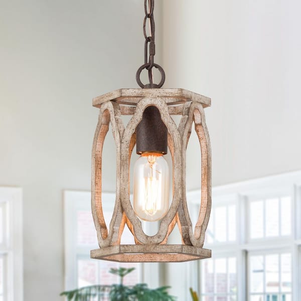 Farmhouse Wood Pendant 6 in. W 1-Light Brown Drum Cage Rustic Island Pendant Light for Kitchen, Living Room, Foyer