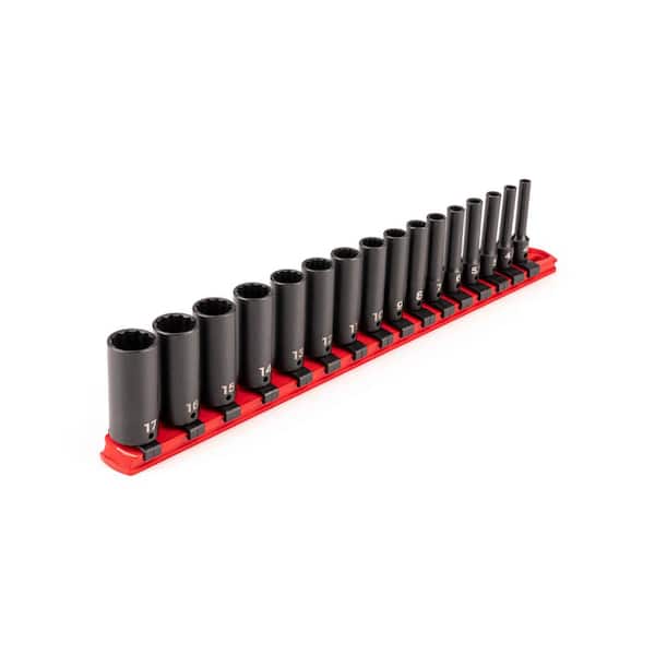 TEKTON 1/4 Inch Drive Deep 12-Point Impact Socket Set with Rail, 16-Piece (4-17 mm)