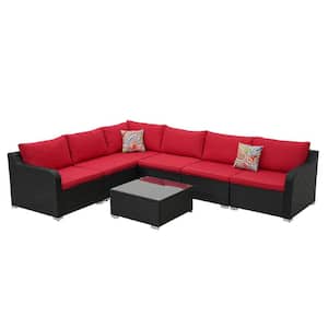Black 7-Piece Wicker Patio Conversation Set with Red Cushions and Coffee Table