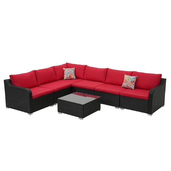 Sudzendf Black 7-Piece Wicker Patio Conversation Set with Red Cushions and Coffee Table