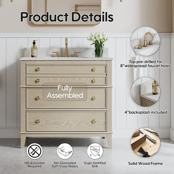 36 in. Oak Solid Wood Bath Vanity with White Quartz Top, Single Sink, Soft-Close Drawers, CUPC Certified, Assembled