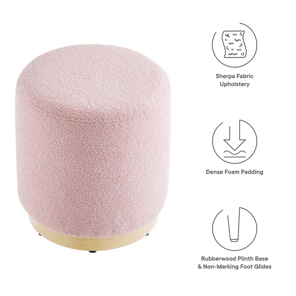 Blossom Pink Sherpa Upholstered Round Ottoman with Rubberwood Base