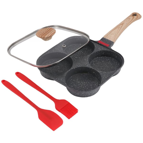 Gray Aluminum 4-Cup 1.06 in. Egg Pan, Nonstick Omelette Pan with Lid, Healthy Egg Frying Pan for Breakfast, Egg Sandwich