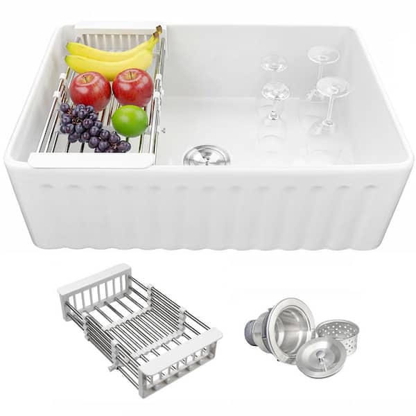 White Fireclay 30 in. Single Bowl Apron-Front Kitchen Sink with Basket Strainer