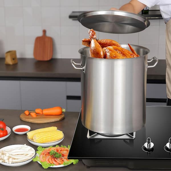 Stainless Steel Stockpot, 42 qt. Large Cooking Pots, Cookware Sauce Pot with Strainer, Lid, Handle, Commercial, Silver