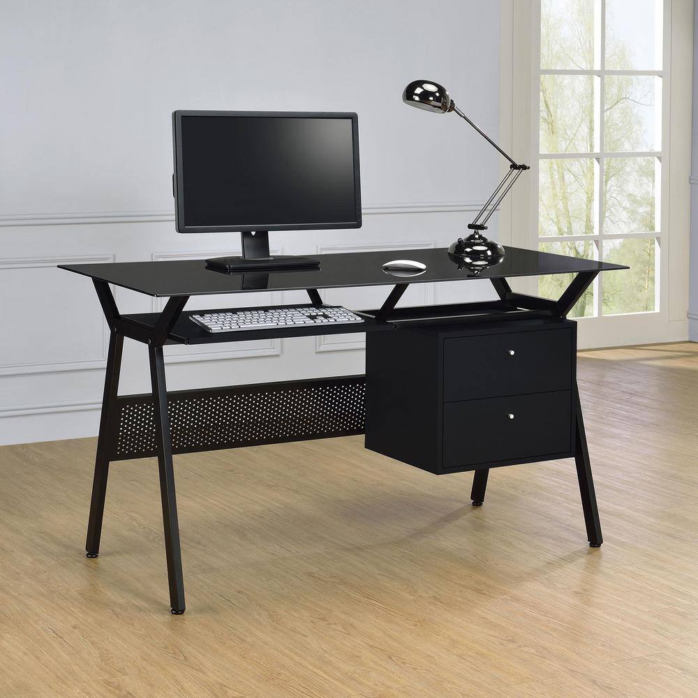 Transitional Black 55" Home Office Desk with Keyboard Tray and Drawers