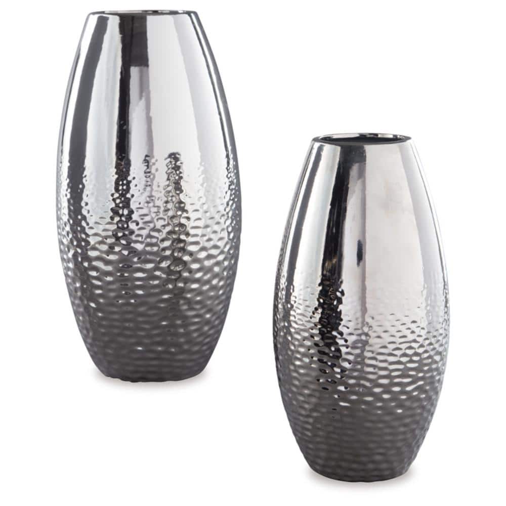 Silver Textured Ceramic Decorative Vase Set, 16-inch