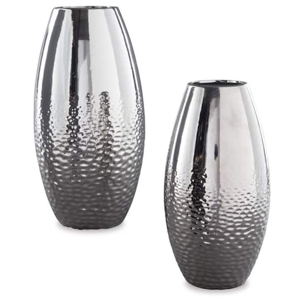 Dinesh 16 in. Silver Ceramic Cylinder Decorative Vase (Set of 2)