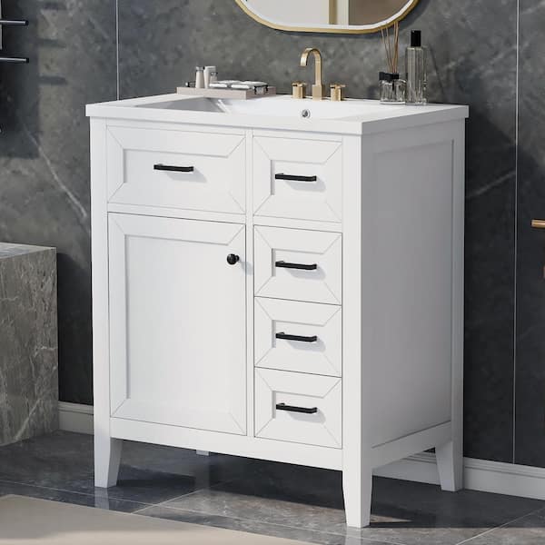 30 in. W x 18 in. D x 35.7 in. H Single Sink Freestanding Bath Vanity in White with White Ceramic Top