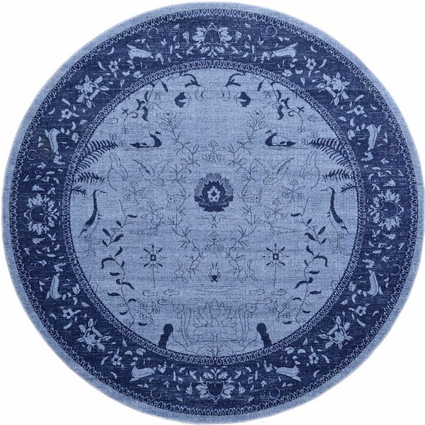 Unique Loom La Jolla Floral Blue 8' 0 x 8' 0 Round Rug