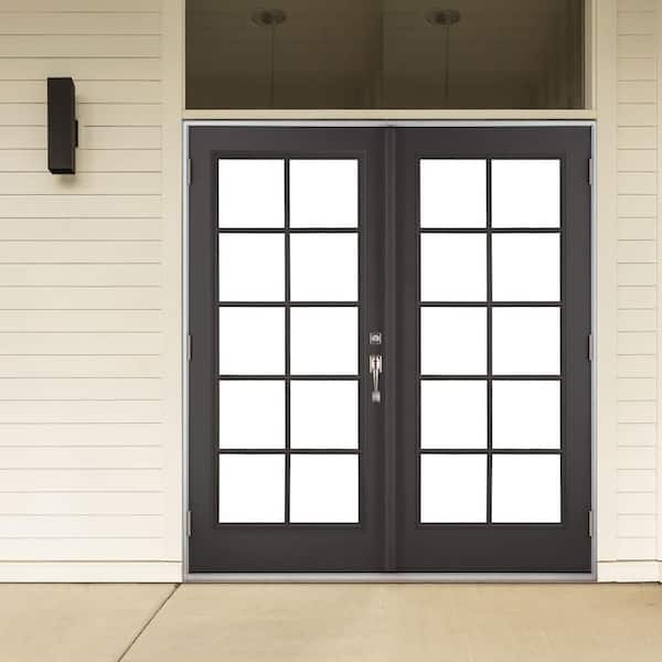 72 in. x 80 in. Black Left-Hand Outswing Fiberglass Full Lite LOE 10-Lite GBG Glass Hinged French Patio Door