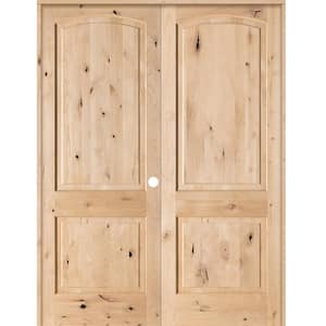 60 in. x 96 in. Rustic Knotty Alder 2-Panel Arch Top Left Handed Solid Core Wood Double Prehung Interior French Door