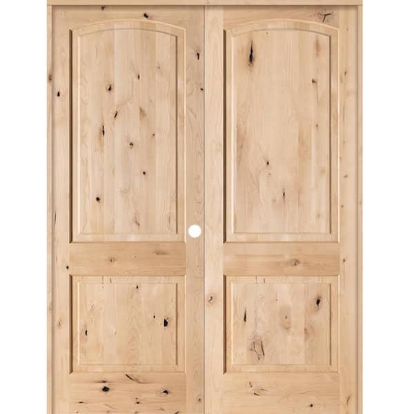 60 in. x 96 in. Rustic Knotty Alder 2-Panel Arch-Top Left Handed Solid Core Wood Double Prehung Interior French Door