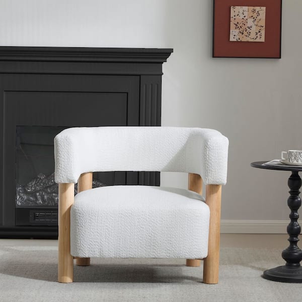 White Boucle Upholstered Arm Chair with Solid Rubber Wood Frame