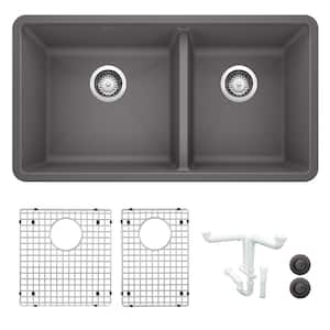 Precis 33 in. Undermount Double Bowl Cinder Granite Composite Kitchen Sink Kit with Accessories