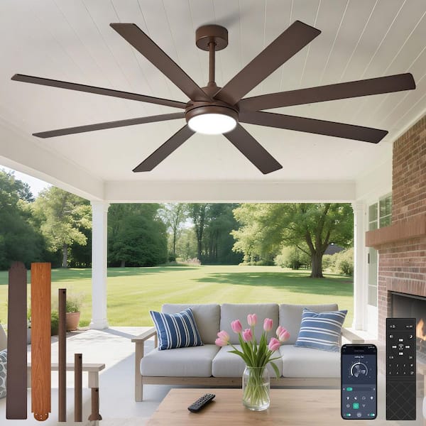 72 in. Brown Brushed Walnut 8 Blades Downrod Mount Large Ceiling Fan with Lights Included 3CCT Dimmable APP Remote