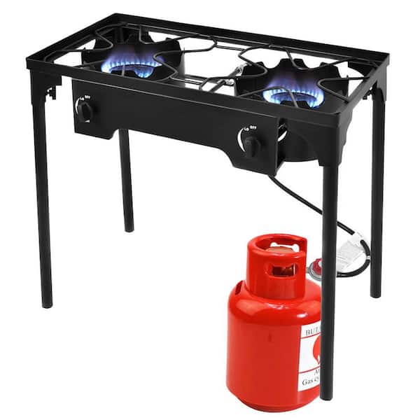 Costway 150,000-BTU Cast Iron Double Burner Gas Propane Cooker Outdoor Camping Picnic Stove Stand BBQ Grill OP3078 The Home Depot