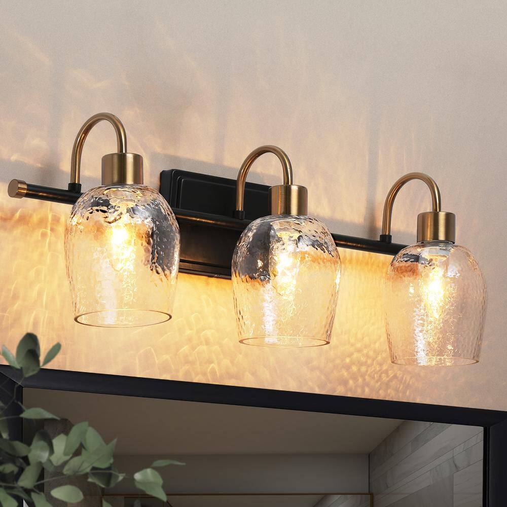 21.5 in. 3-Light Brass Gold Bathroom Vanity Light, Hammer Glass Black Bath Bar Vanity Light, Modern Indoor Wall Sconce price history on PriceWatchPro