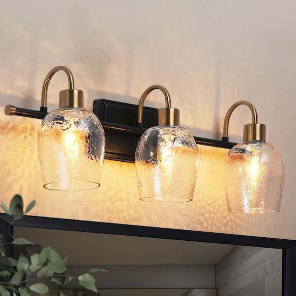 21.5 in. 3-Light Brass Gold Bathroom Vanity Light, Hammer Glass Black Bath Bar Vanity Light, Modern Indoor Wall Sconce