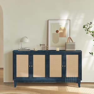 59.8 in. W x 15.6 in. D x 32.3 in. H Antique Blue Linen Cabinet with 4 Doors and Adjustable Shelves