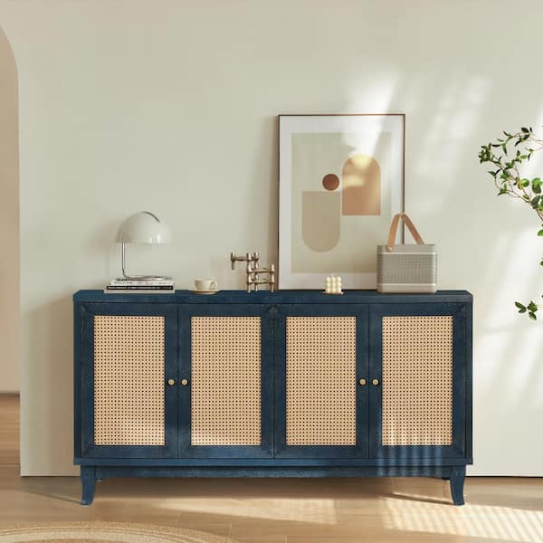 Unbranded 59.8 in. W x 15.6 in. D x 32.3 in. H Antique Blue Linen Cabinet with 4 Doors and Adjustable Shelves