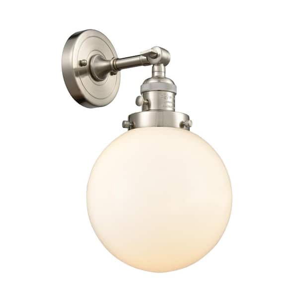 Beacon 1-Light Matte White, Brushed Satin Nickel Wall Sconce with White Glass Shade