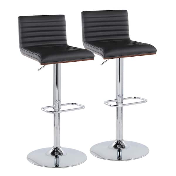 Lumisource Mason 32.75 in. Black Faux Leather, Walnut Wood and Chrome Metal Adjustable Bar Stool (Set of 2)