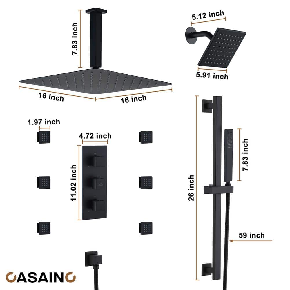 Matte Black 16" Thermostatic Dual Shower System with Handheld and Body Jets
