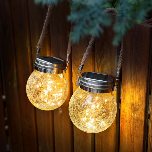 WYZM 3000K 10-Lumens Integrated LED White Solar Crackle Glass Ball, Outdoor Path Light Weather Resistant (2-Pack)