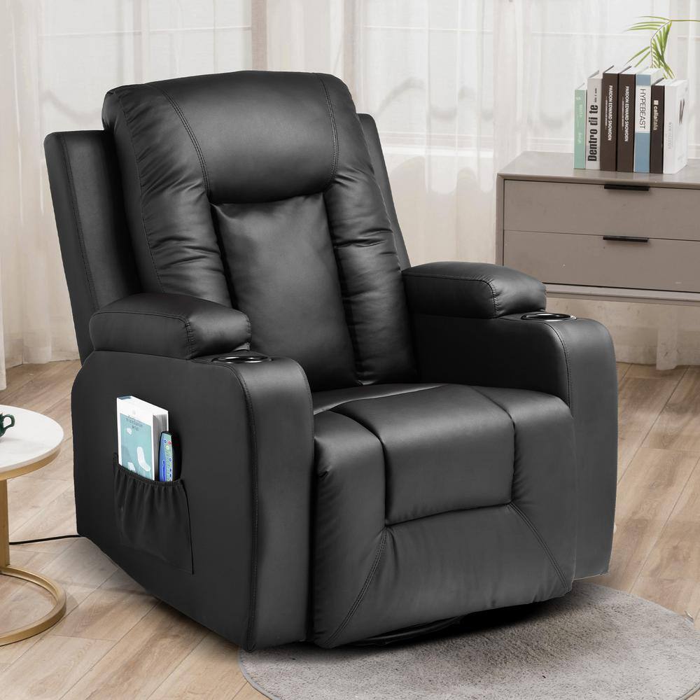 Balck Faux Leather Recliner Chair Rocking Chair Swivel Recliner with Cup Holders Heat and Massage Single Sofa Seat