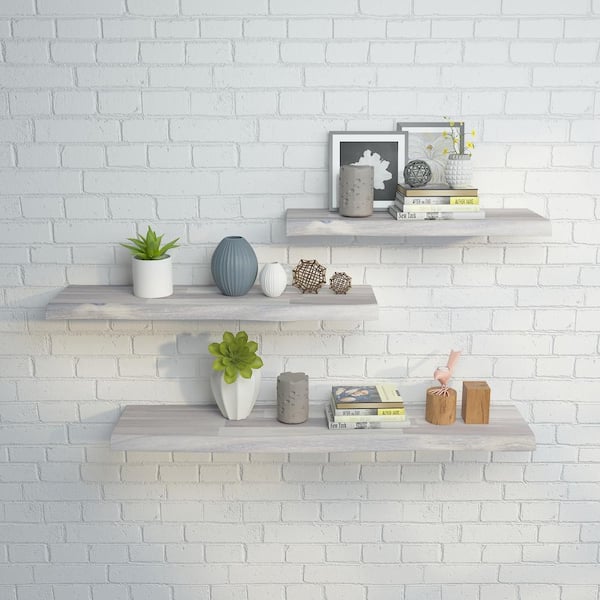 Interbuild Solid 2.9 ft. L x 10 in. D x 1.5 in. T, Acacia Butcher Block Countertop Floating Wall Shelf Organic White with Live Edge