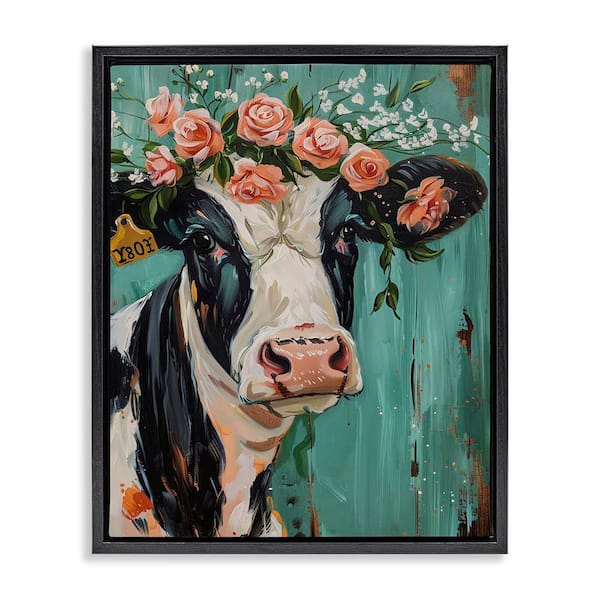Floral Cow on teal by LSR Design Studio Black Floater Frame Animal Graphic Art Print 31 in. x 25 in.