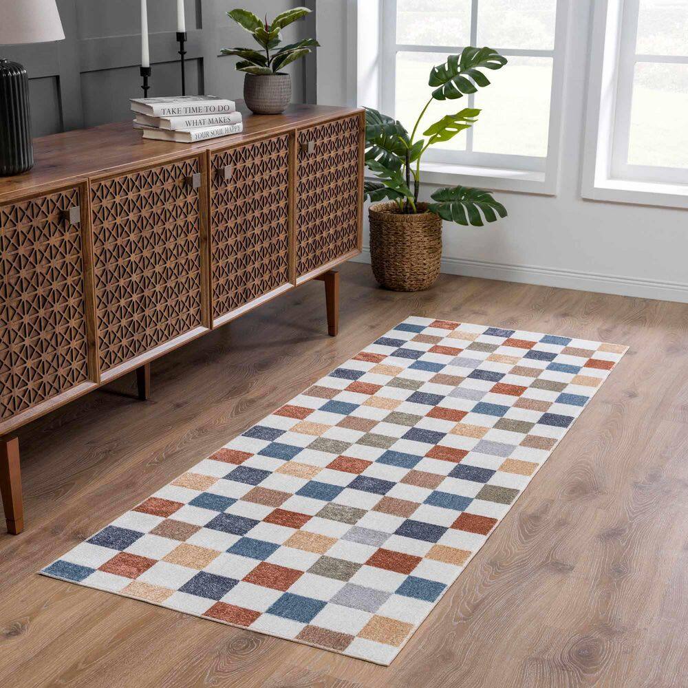 Alia Blue and Tan Checkered Washable Polyester Rug