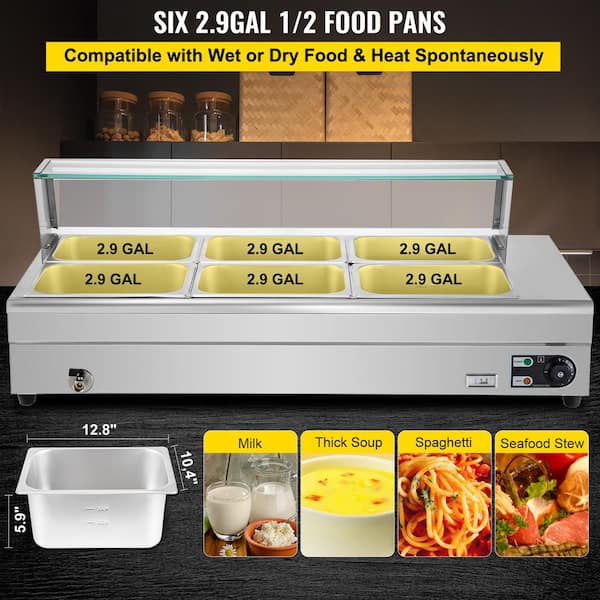 6-Pan Commercial Food Warmer 850W Electric Countertop Steam Table 110V 6" Deep 