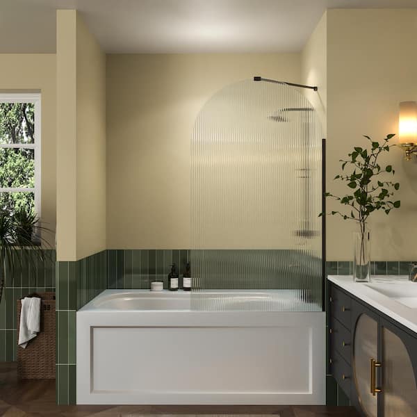 JimsMaison 33 in. W x 58 in. H Fixed Tub Door in Matte Black with Fluted Tempered Glass