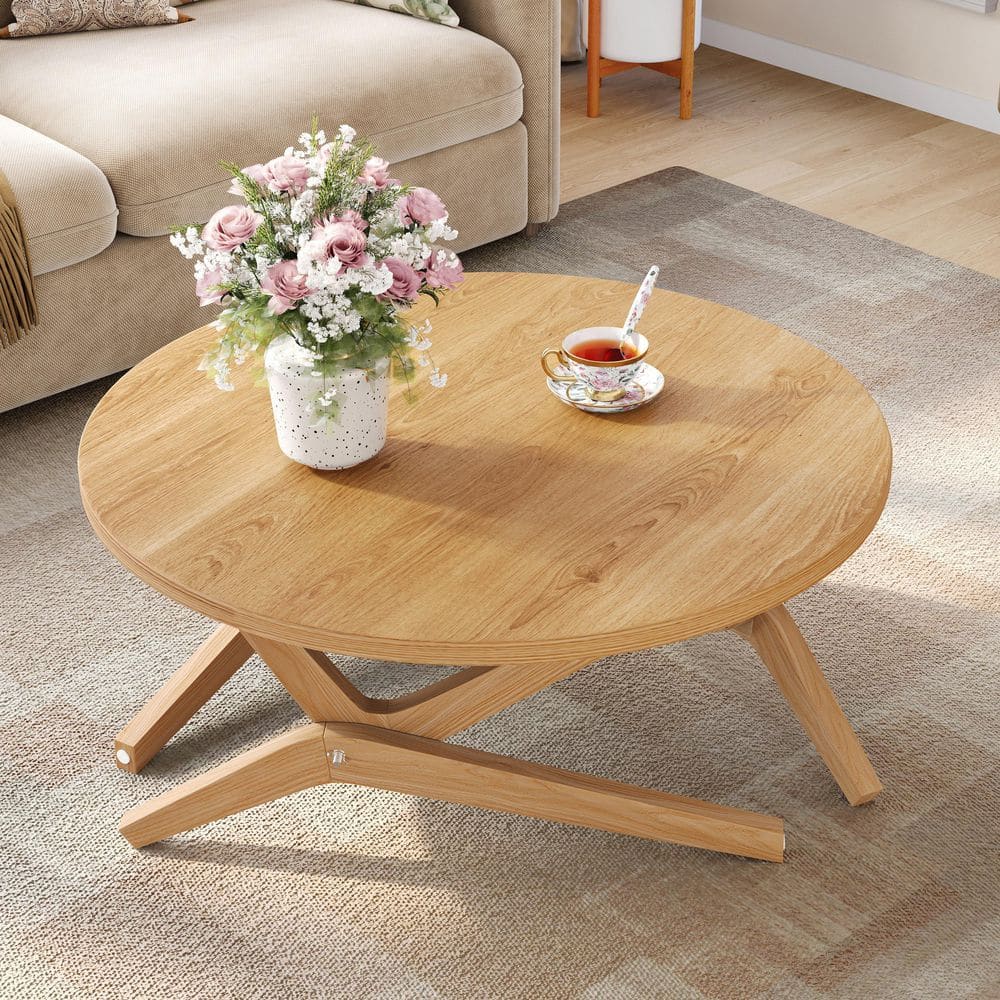 Polibi 34.5 in. Natural Round Rubber Wood Coffee Table with