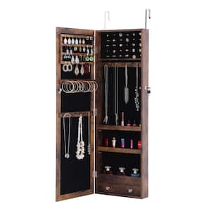 Antique Brown MDF 3.9 in. Wx 14.2 in. L x 43.4 in. H Jewelry Armoire with Necklace Hooks and Mirror