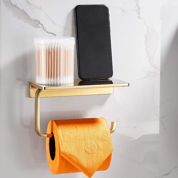 Wall-Mount Toilet Paper Holder in Gold, Solid Brass and Superior Hotel Style Tissue Roll Holder with Cell Phone Storage