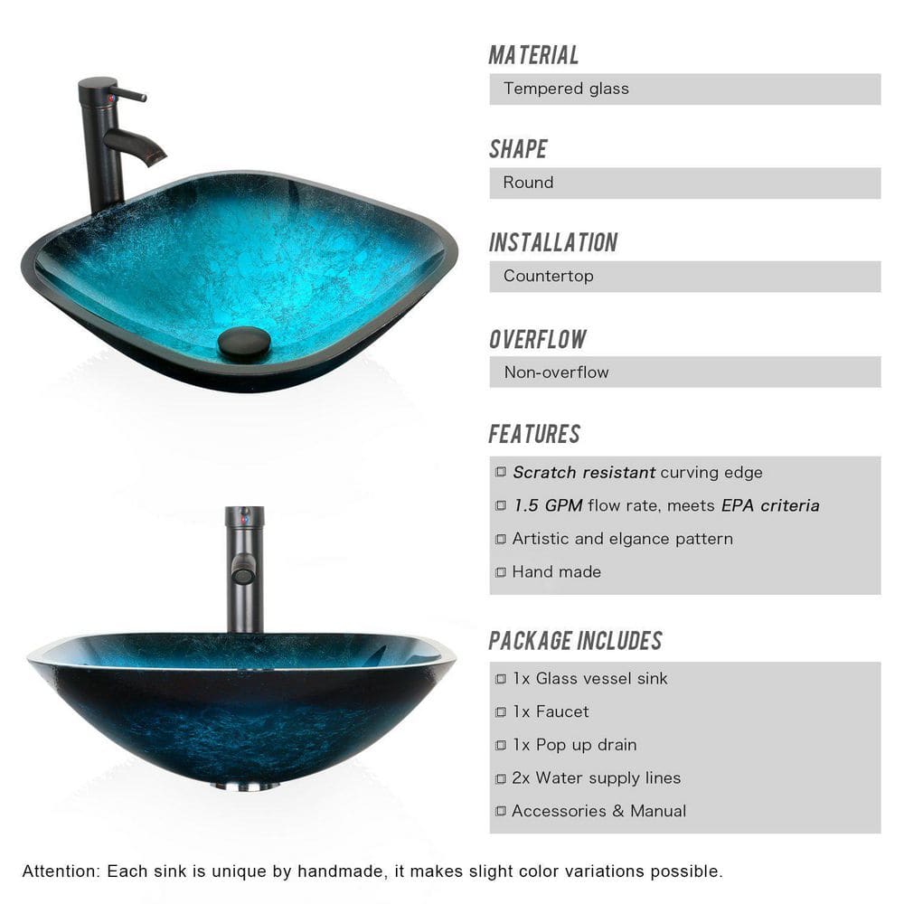 Turquoise Glass Above-Counter Vessel Sink with Faucet and Drain