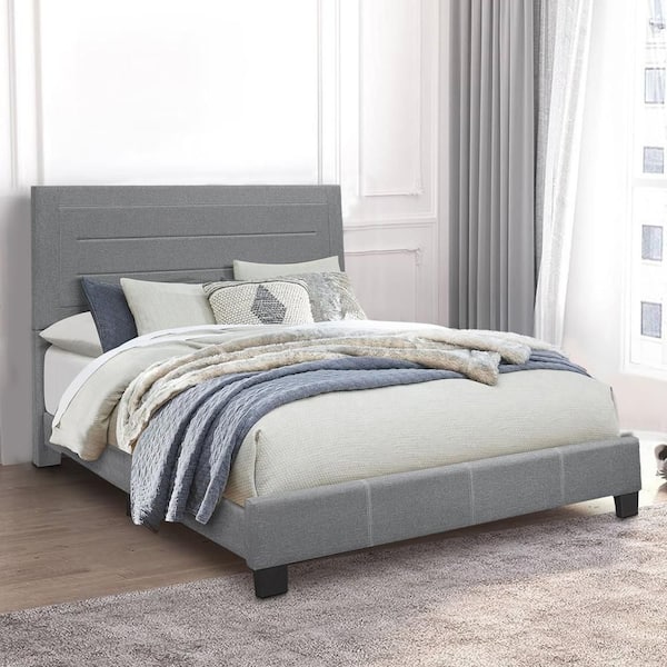 Benjara Gray Wooden Frame Queen Platform Bed with Fabric Wrapped Frame and Panel Headboard