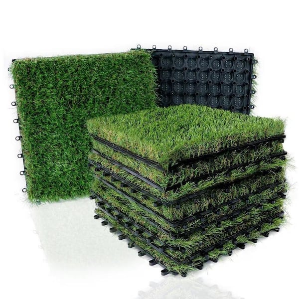 1 ft. x 1 ft. Composite Green Artificial Grass Turf Interlocking Deck Tiles, Fake Grass Self-Draining Mat (9-Pieces)