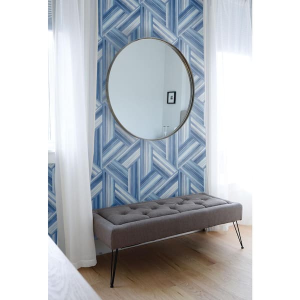 60.75 sq. ft. Denim and Sky Blue Geo Inlay Paper Unpasted Wallpaper Roll