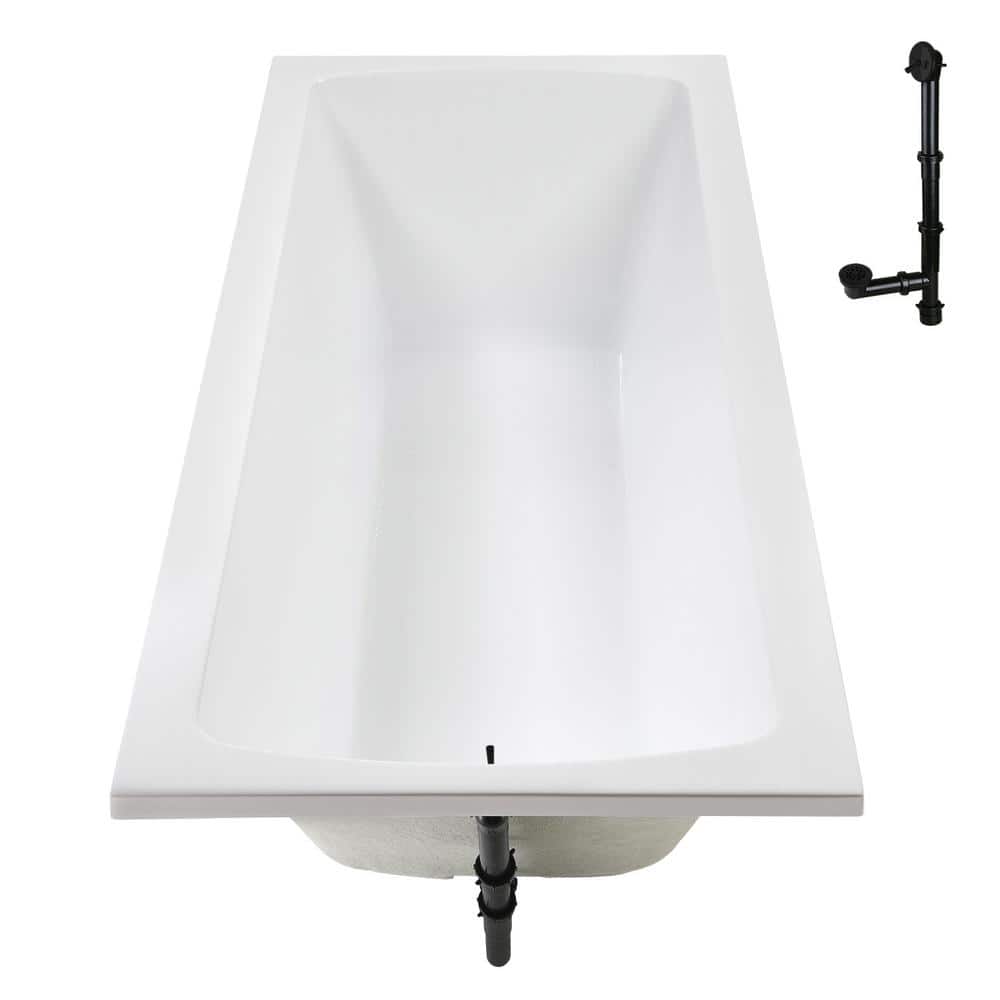 66" Glossy White Acrylic Soaking Drop-In Bathtub with Matte Black Trim
