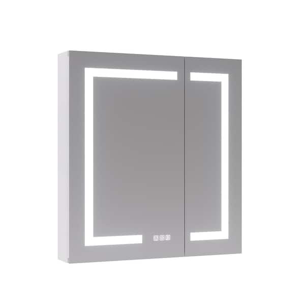 AZDHOME 28 in. W x 30 in. H Rectangular Silver Aluminum Recessed/Surface Mount LED Medicine Cabinet with Mirror and Dimming