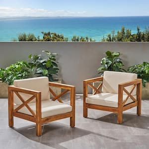 Brava Teak Brown Removable Cushions Wood Outdoor Lounge Chair with Beige Cushion (2-Pack)