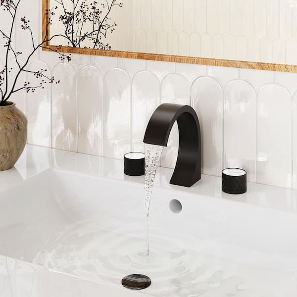 8 in. Widespread Double Handle C Arc Waterfall Spout Deck-Mount Bathroom Sink Faucet with Drain Kit in Matte Black