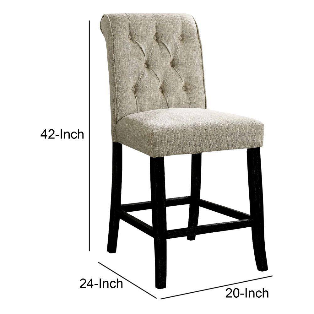 Ivory Cream Chenille and Bold Black Wooden Counter Height Chair, Set of 2