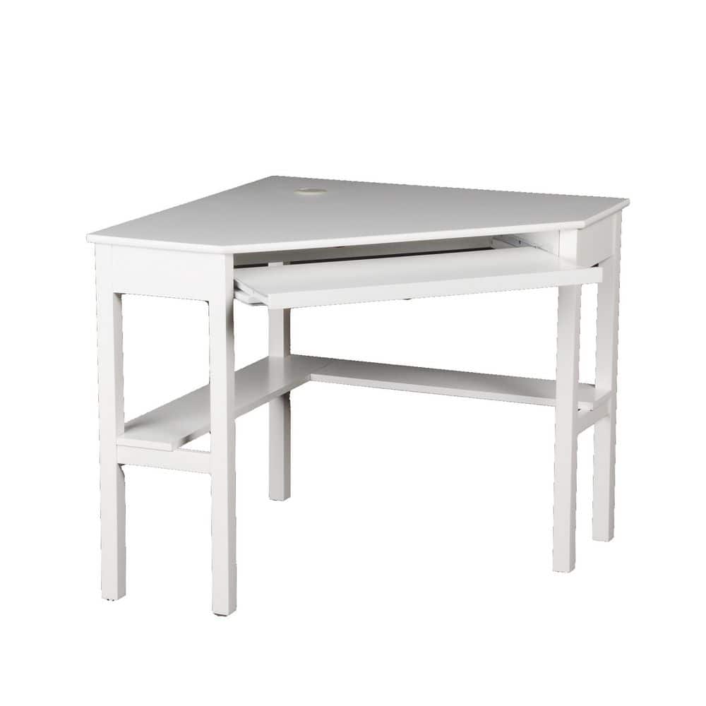Modern White Wooden Corner Desk with Keyboard Tray and Drawer