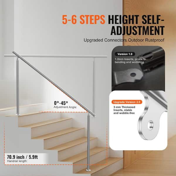 VEVOR Handrails for Outdoor Steps, 70.9 in./ 180cm Length Stair Hand Rail Kit, Transitional Stainless Steel Railings